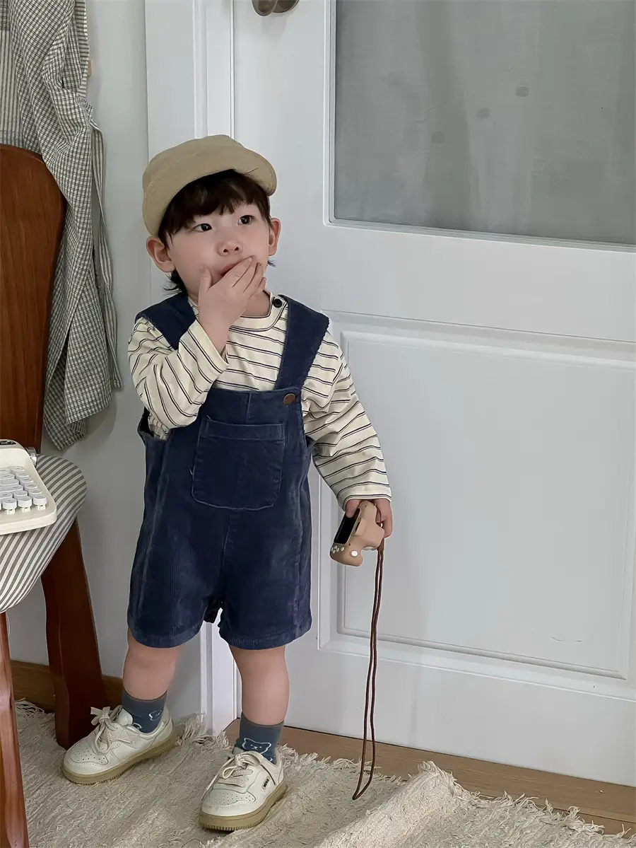 Kids Spring Outfit Striped T-Shirt Corduroy Overalls Set