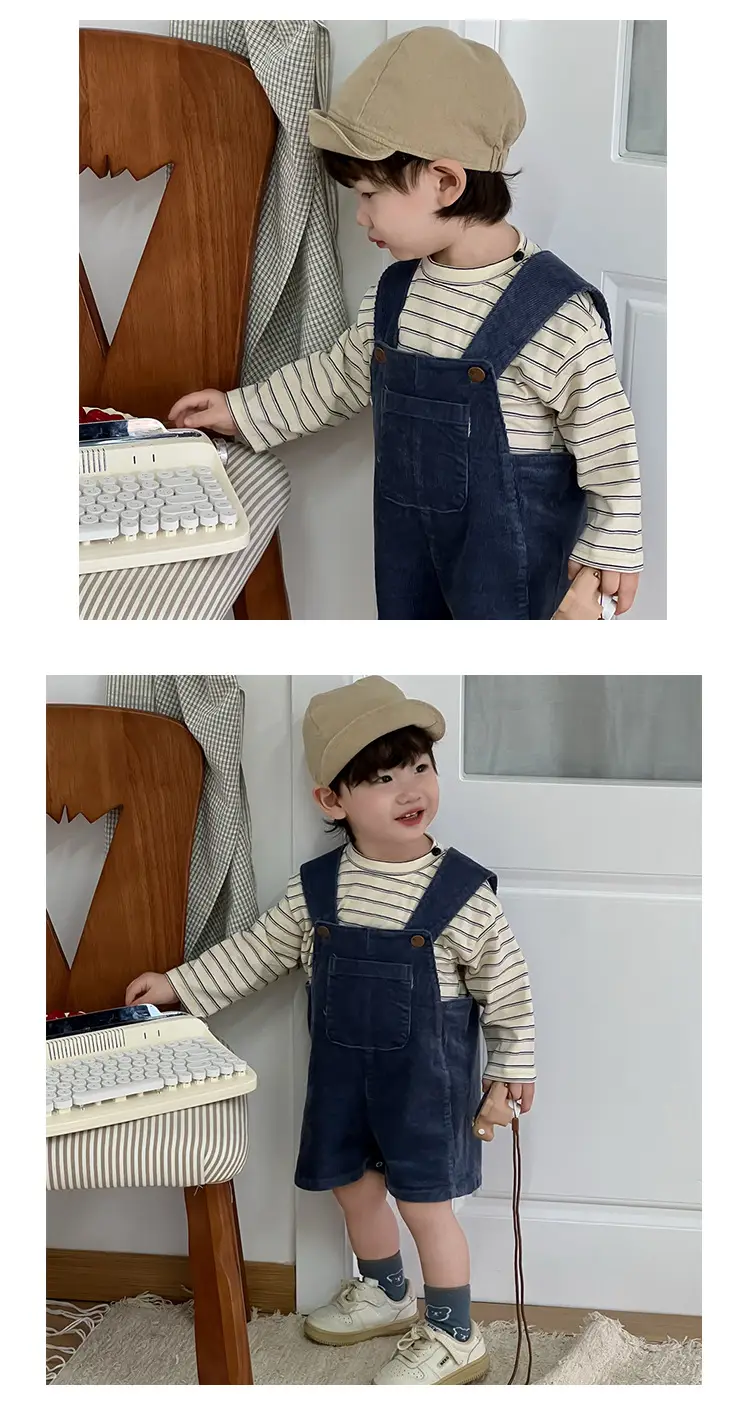 Kids Spring Outfit Striped T-Shirt Corduroy Overalls Set — feature 9