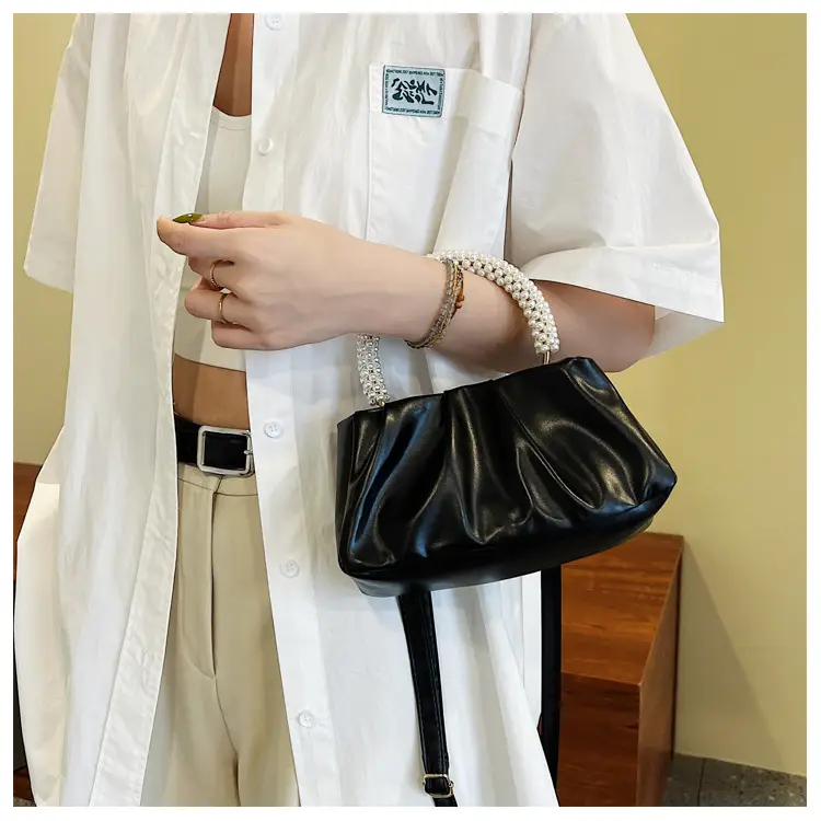 Women's Pearl-Handle Shoulder Bag Cream Soft Silk — feature 19