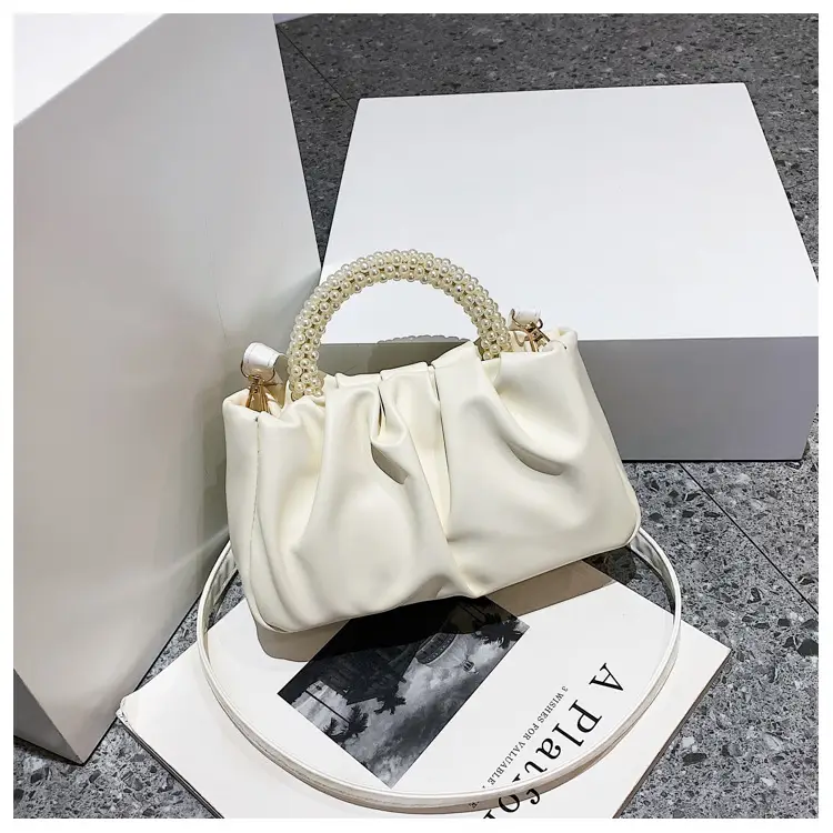 Women's Pearl-Handle Shoulder Bag Cream Soft Silk — feature 23