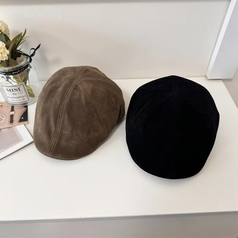 Women Brown Suede Forward Hat Autumn Winter - Image 9