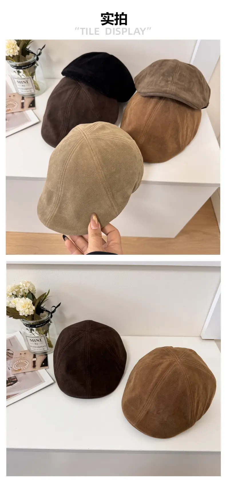 Women Brown Suede Forward Hat Autumn Winter — feature 2