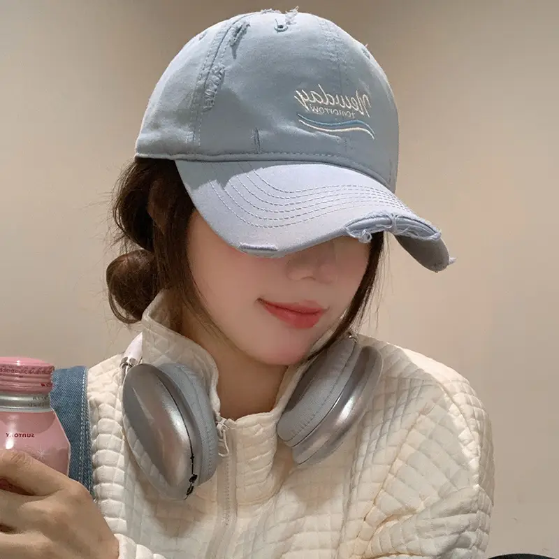 Korean-style Women's Blue Raked Cap Wide Brim - Image 4