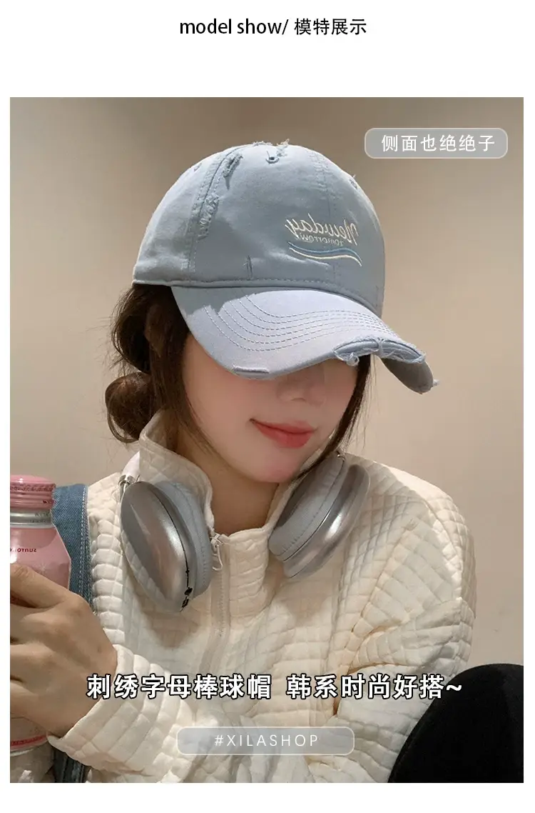 Korean-style Women's Blue Raked Cap Wide Brim — feature 10