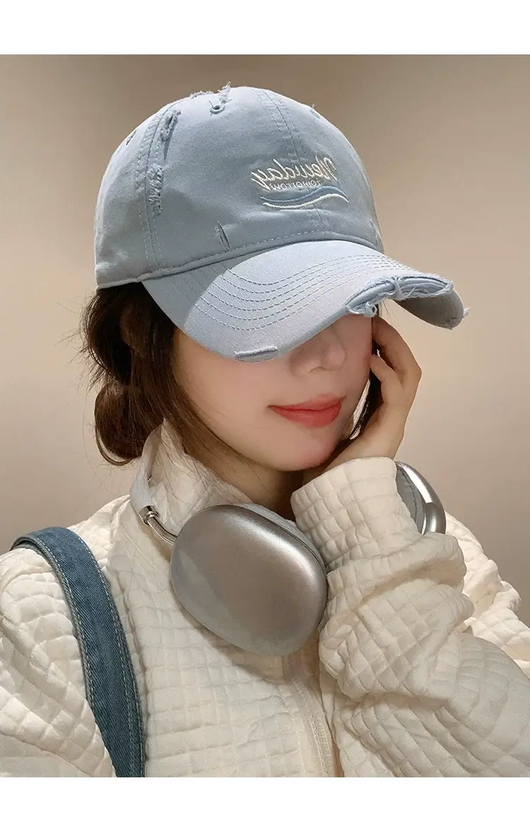 Korean-style Women's Blue Raked Cap Wide Brim — feature 15