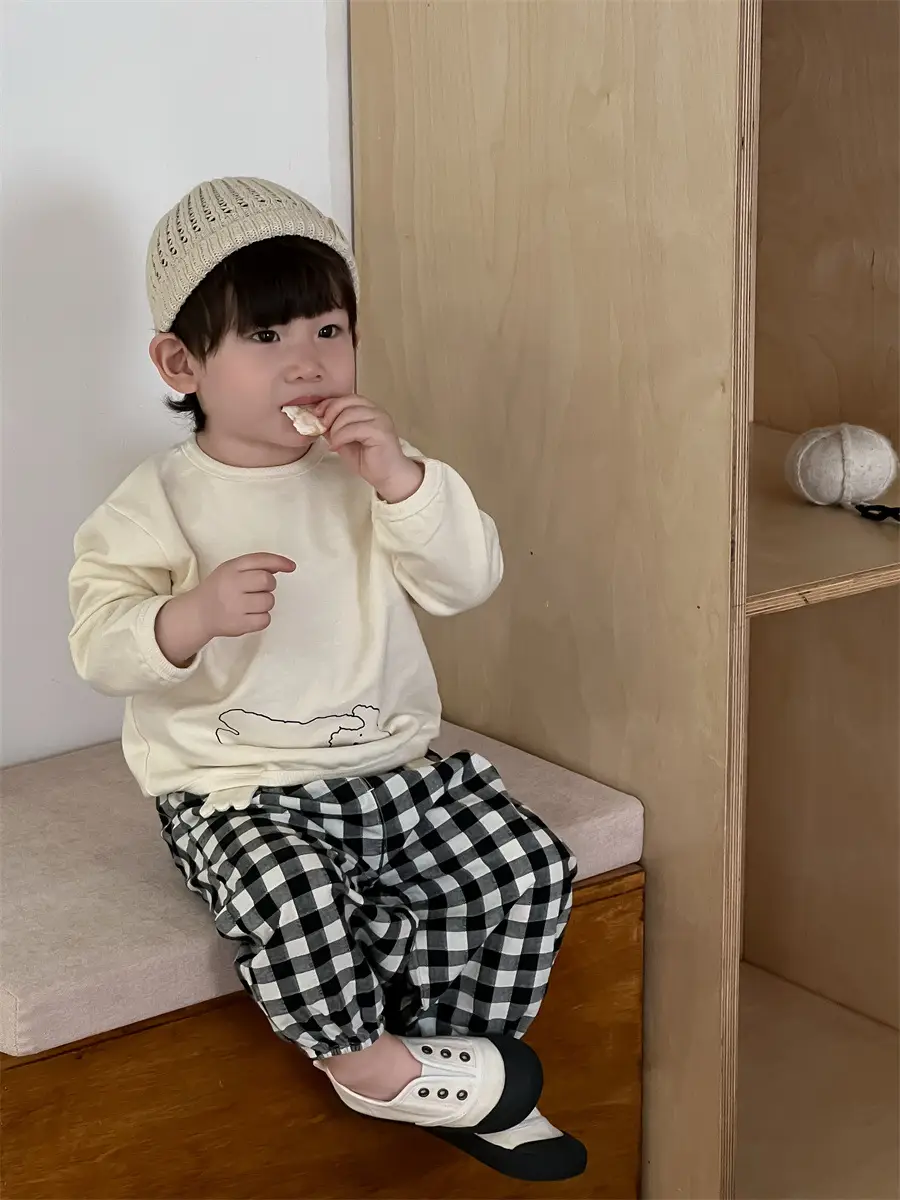Kids Korean Style Cotton T-Shirt Plaid Pants Set