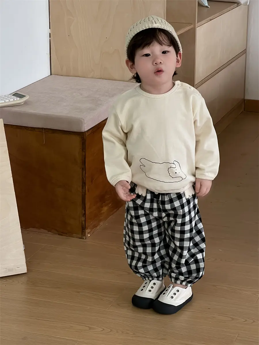 Kids Korean Style Cotton T-Shirt Plaid Pants Set