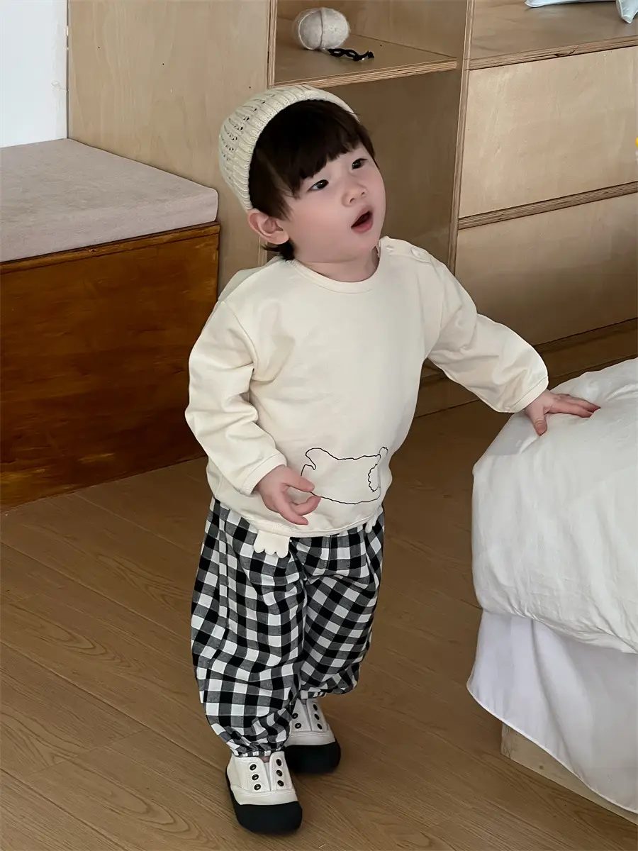 Kids Korean Style Cotton T-Shirt Plaid Pants Set