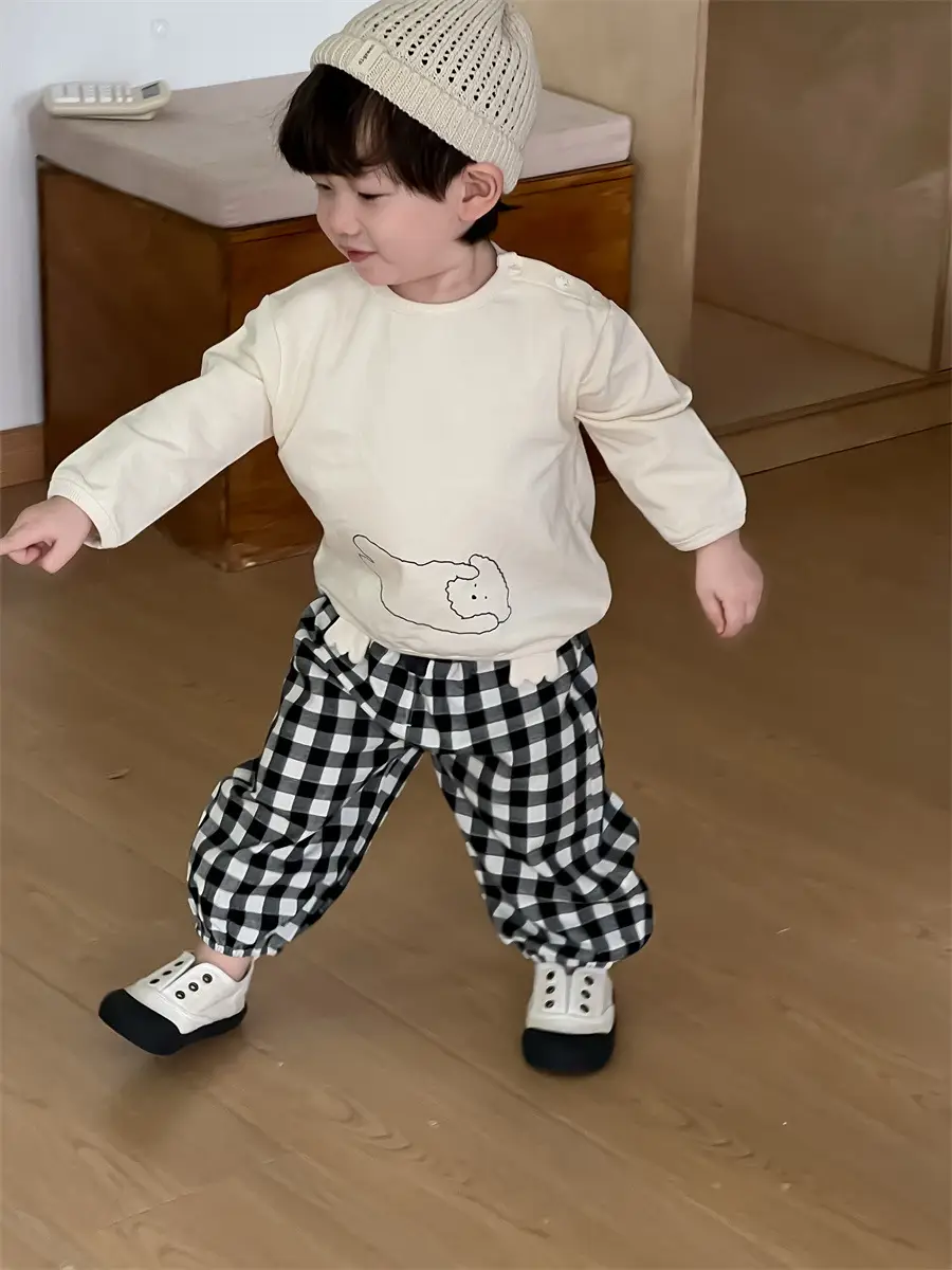 Kids Korean Style Cotton T-Shirt Plaid Pants Set