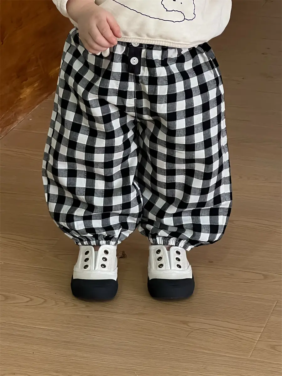 Kids Korean Style Cotton T-Shirt Plaid Pants Set