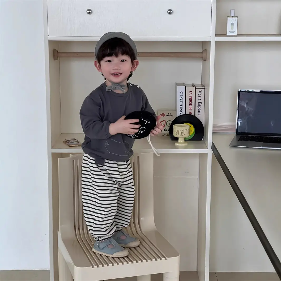 Kids Korean Style Cotton T-Shirt Plaid Pants Set