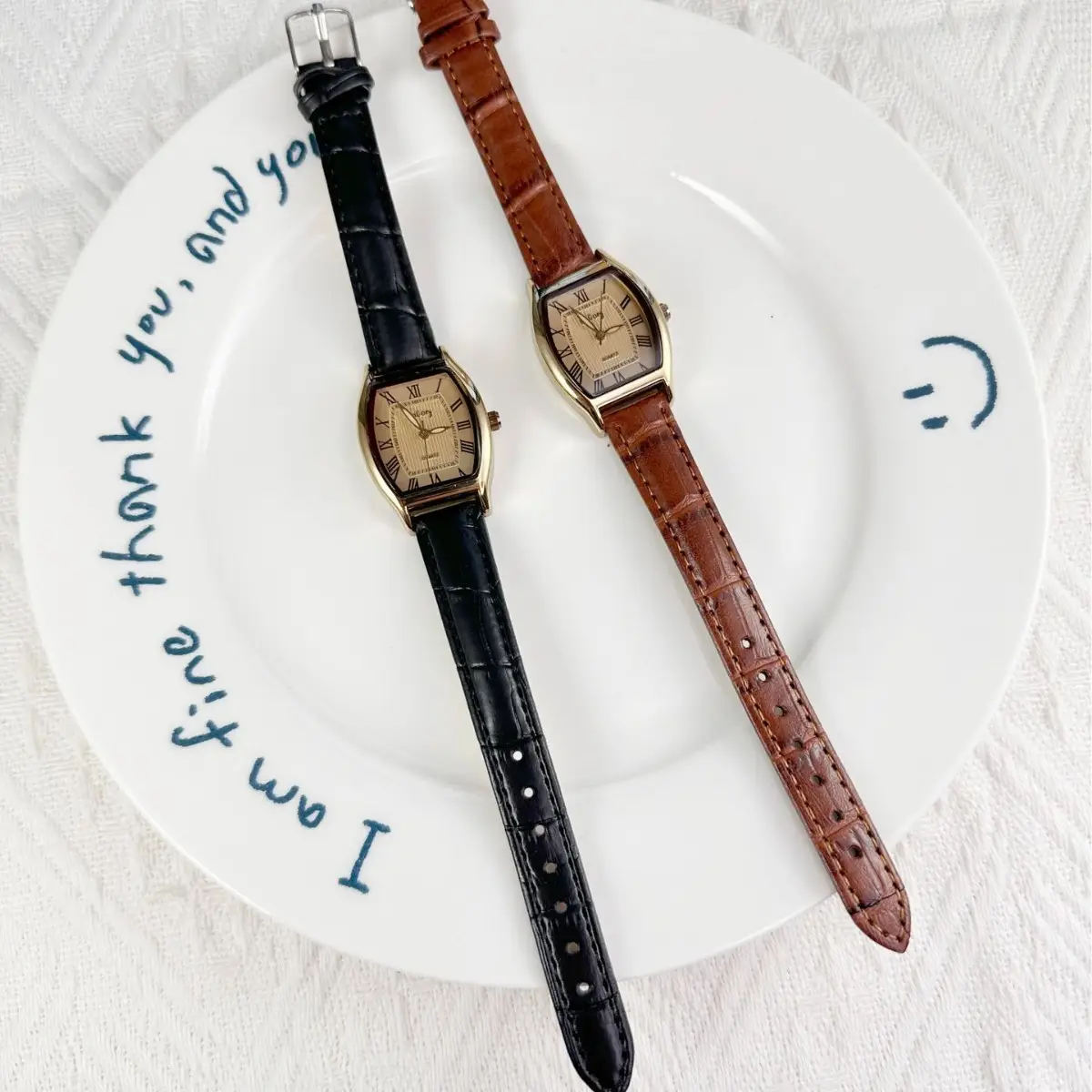 Women's Square Watch with Wine Barrel Design Brown Leather Belt - Image 6