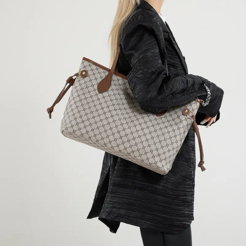 Women's Printed Leather Tote Bag Brown 2025 Spring - Image 6
