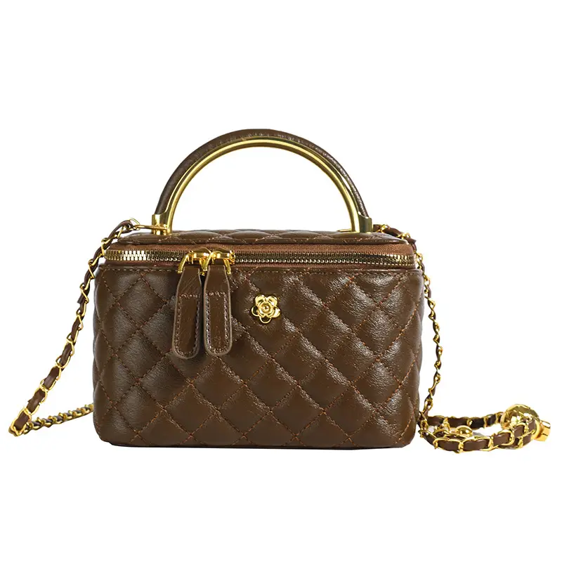 Vintage Brown Diamond Plaid Chain Shoulder Bag for Women - Image 13
