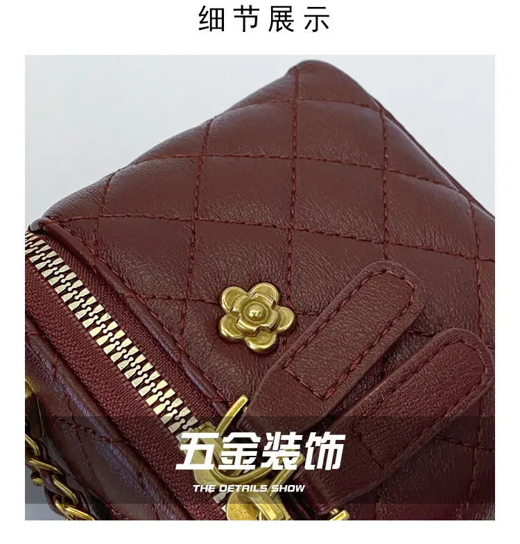 Vintage Brown Diamond Plaid Chain Shoulder Bag for Women — feature 3