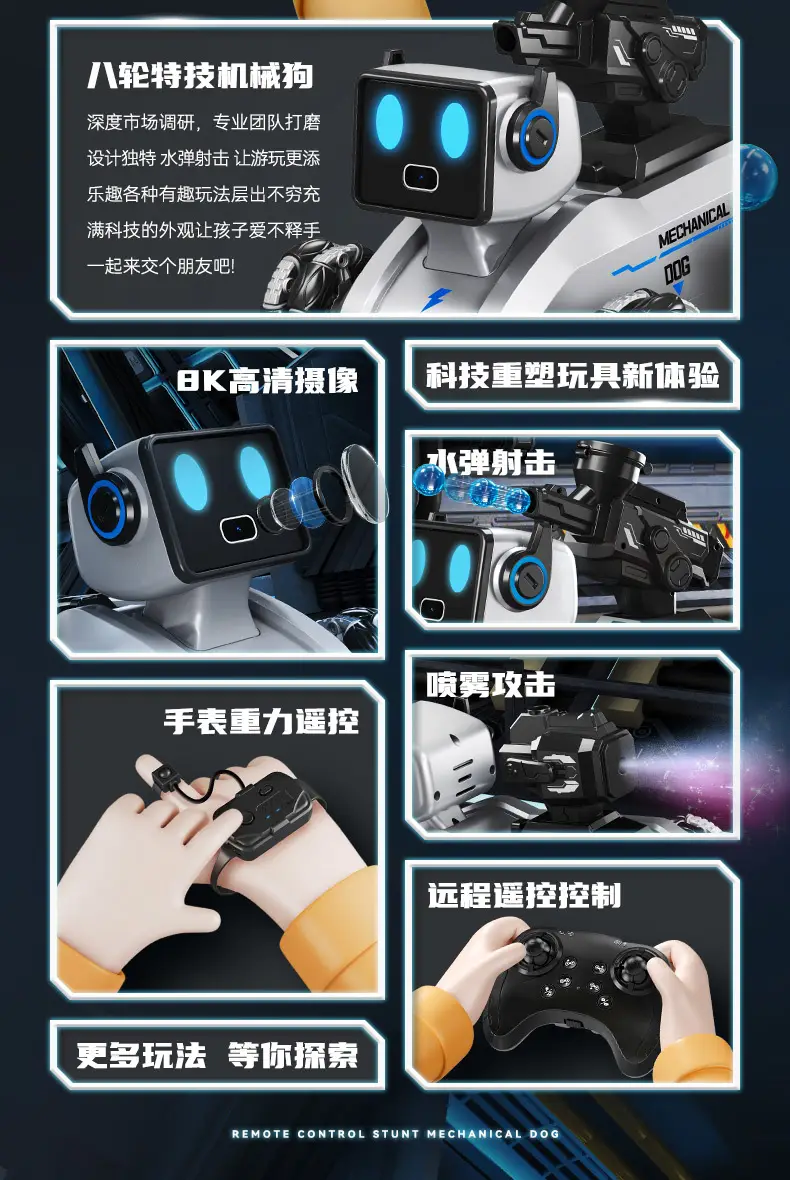 Electric mechanical dog camera spray water bullet gun robot dog gesture induction deformation eight-wheel stunt children's remote control car — feature 3