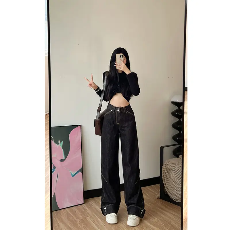 Women Dark Blue Wide Leg Jeans 170 Tall Slim Fit