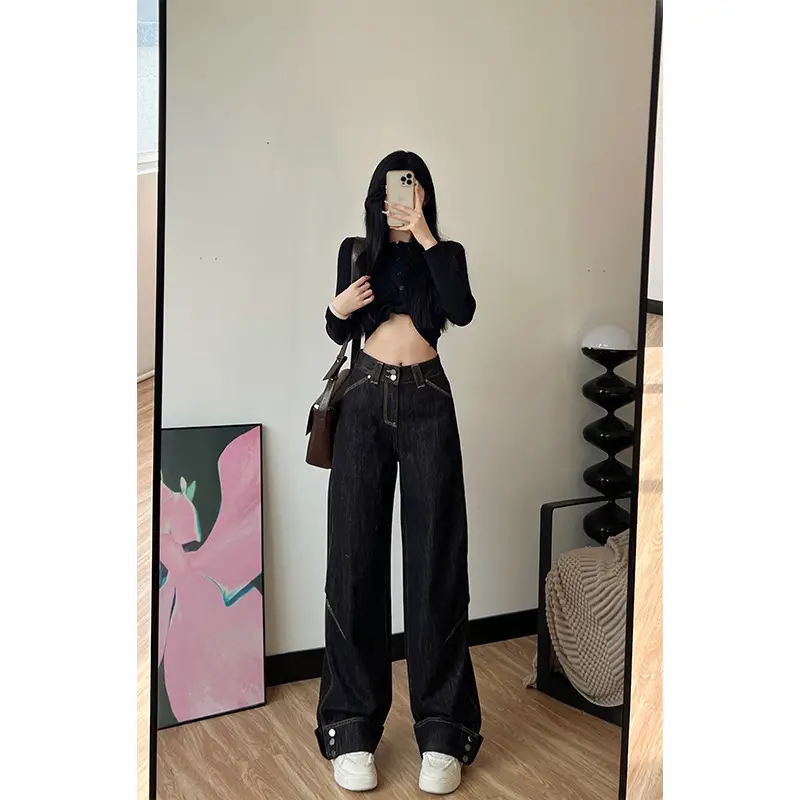 Women Dark Blue Wide Leg Jeans 170 Tall Slim Fit