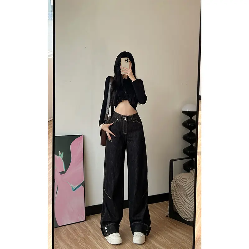 Women Dark Blue Wide Leg Jeans 170 Tall Slim Fit