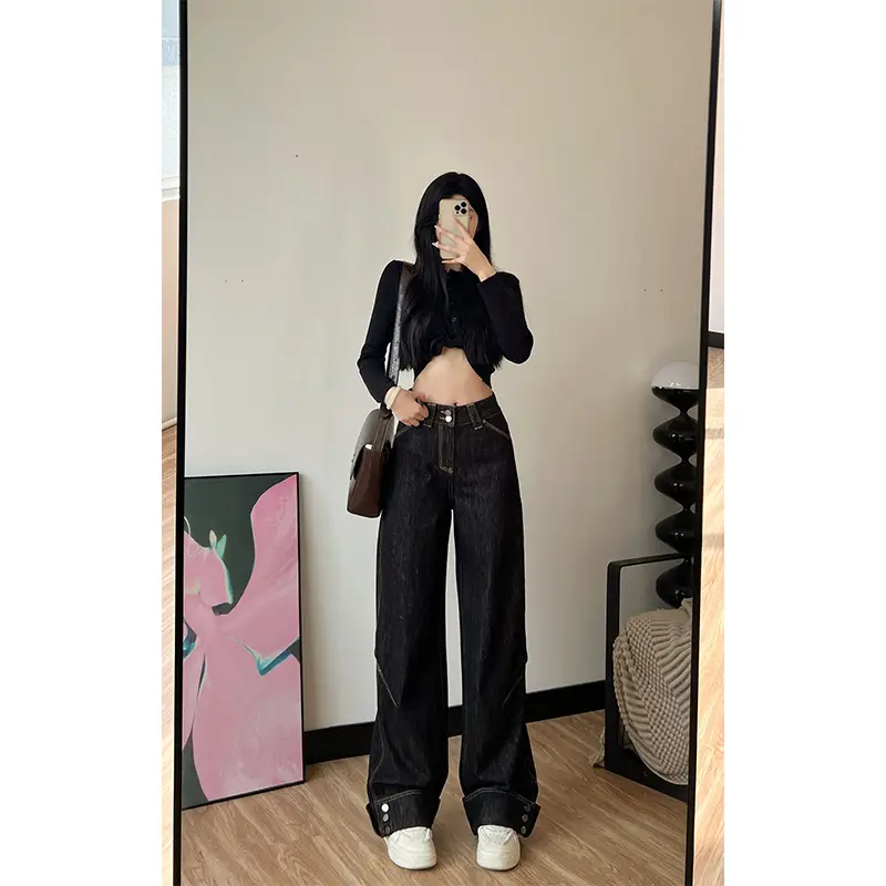 Women Dark Blue Wide Leg Jeans 170 Tall Slim Fit — feature 1