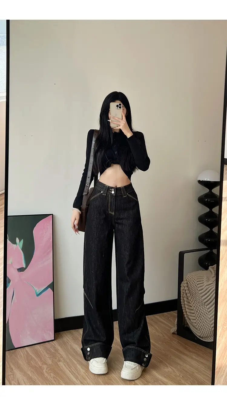 Women Dark Blue Wide Leg Jeans 170 Tall Slim Fit — feature 10