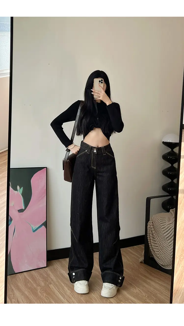 Women Dark Blue Wide Leg Jeans 170 Tall Slim Fit — feature 11