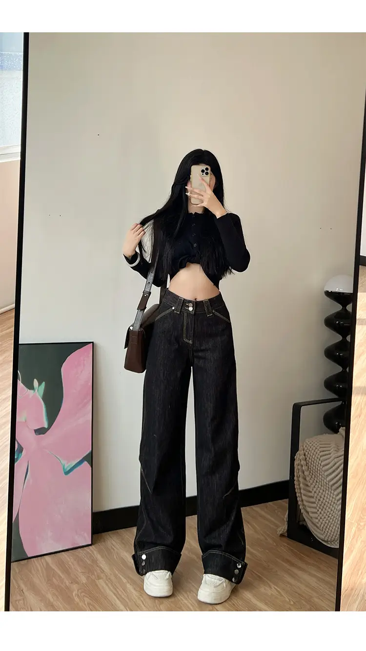 Women Dark Blue Wide Leg Jeans 170 Tall Slim Fit — feature 12