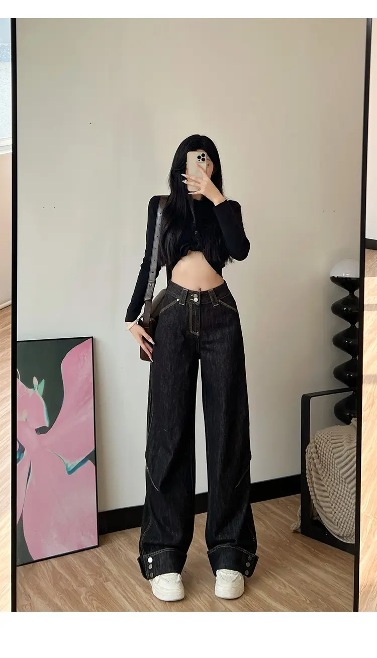 Women Dark Blue Wide Leg Jeans 170 Tall Slim Fit — feature 4