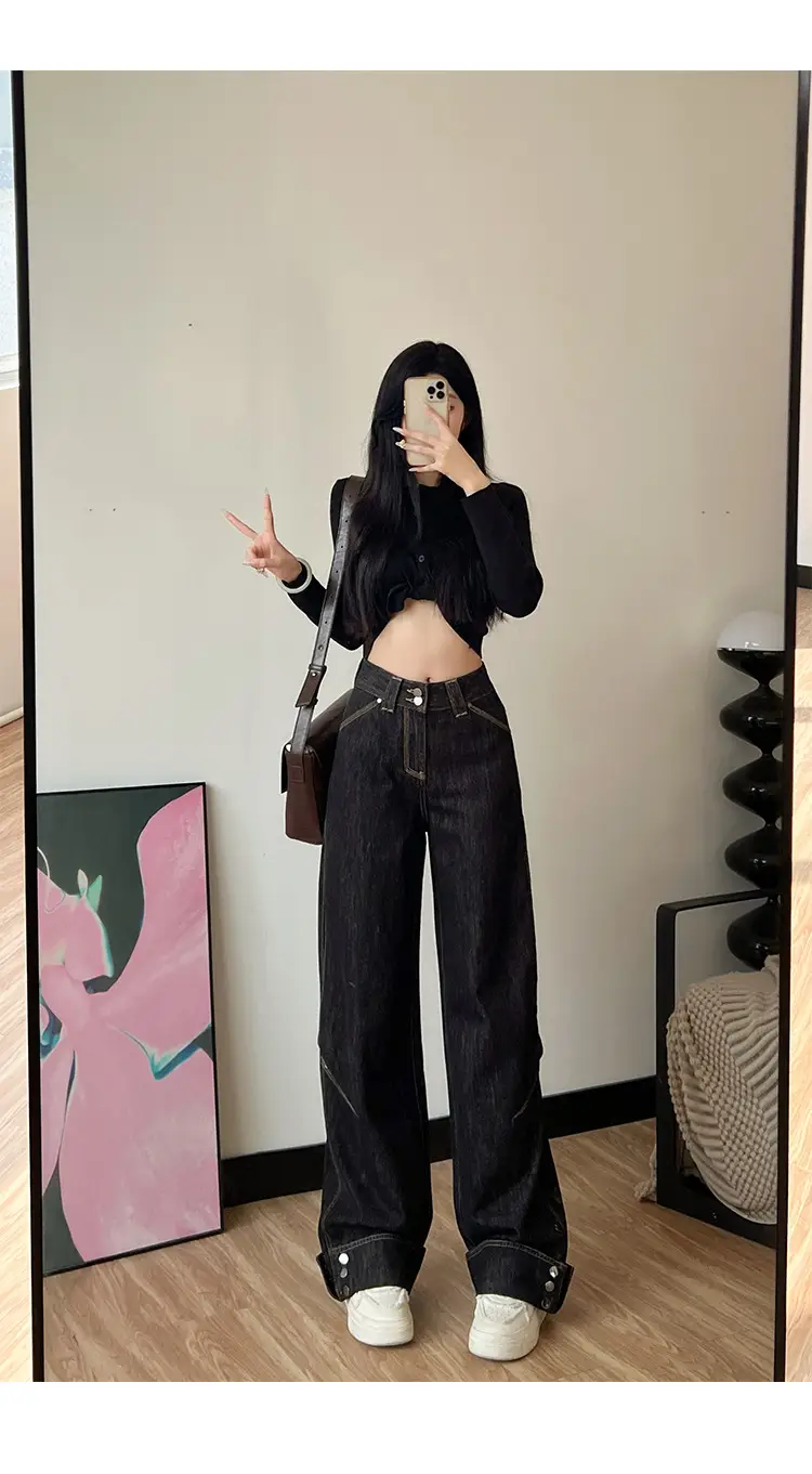 Women Dark Blue Wide Leg Jeans 170 Tall Slim Fit — feature 5