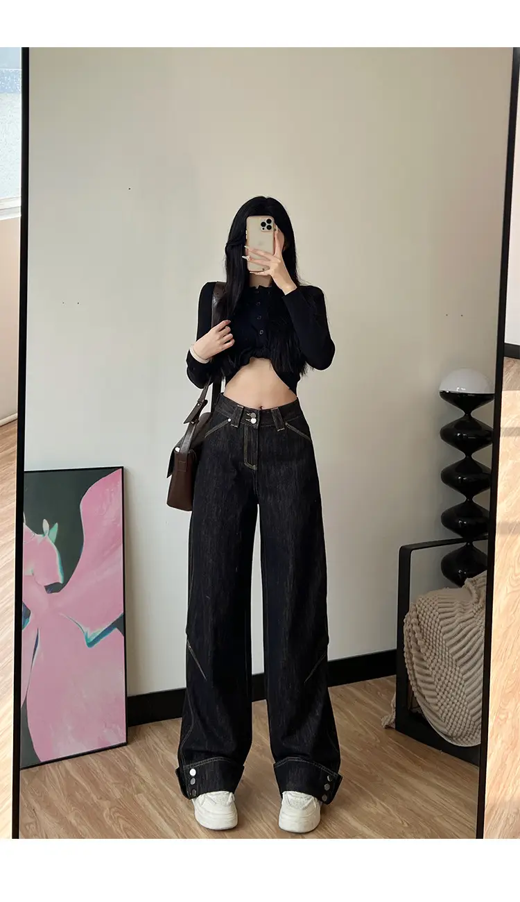 Women Dark Blue Wide Leg Jeans 170 Tall Slim Fit — feature 6