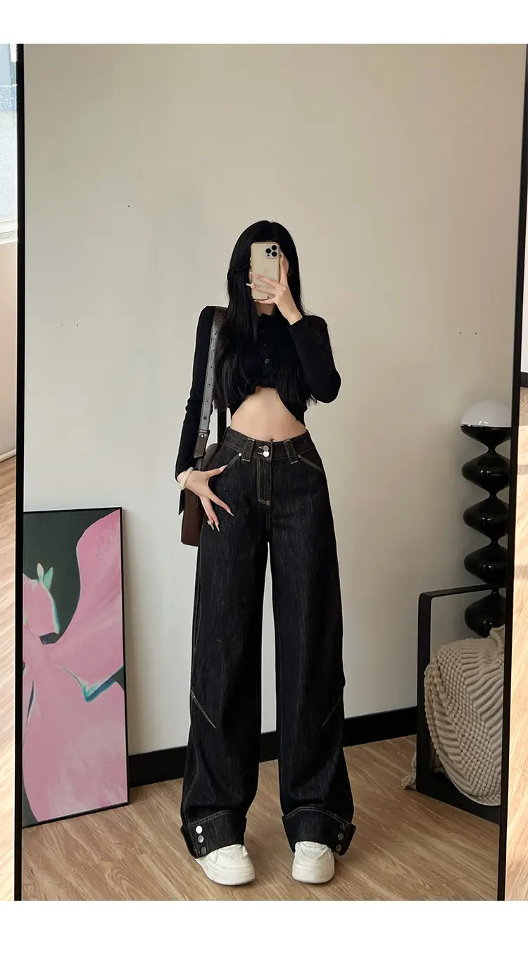 Women Dark Blue Wide Leg Jeans 170 Tall Slim Fit — feature 7