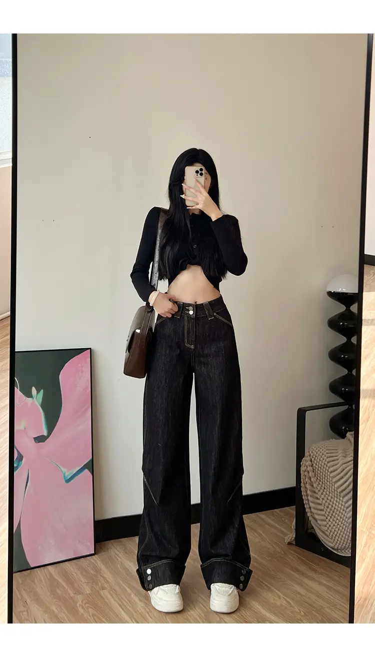 Women Dark Blue Wide Leg Jeans 170 Tall Slim Fit — feature 8