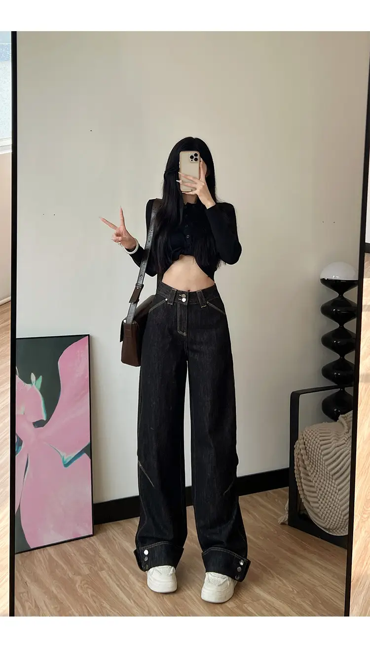 Women Dark Blue Wide Leg Jeans 170 Tall Slim Fit — feature 9
