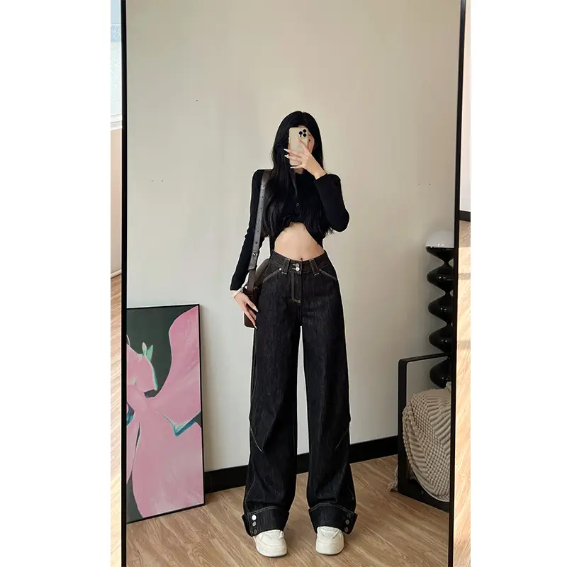 Women Dark Blue Wide Leg Jeans 170 Tall Slim Fit