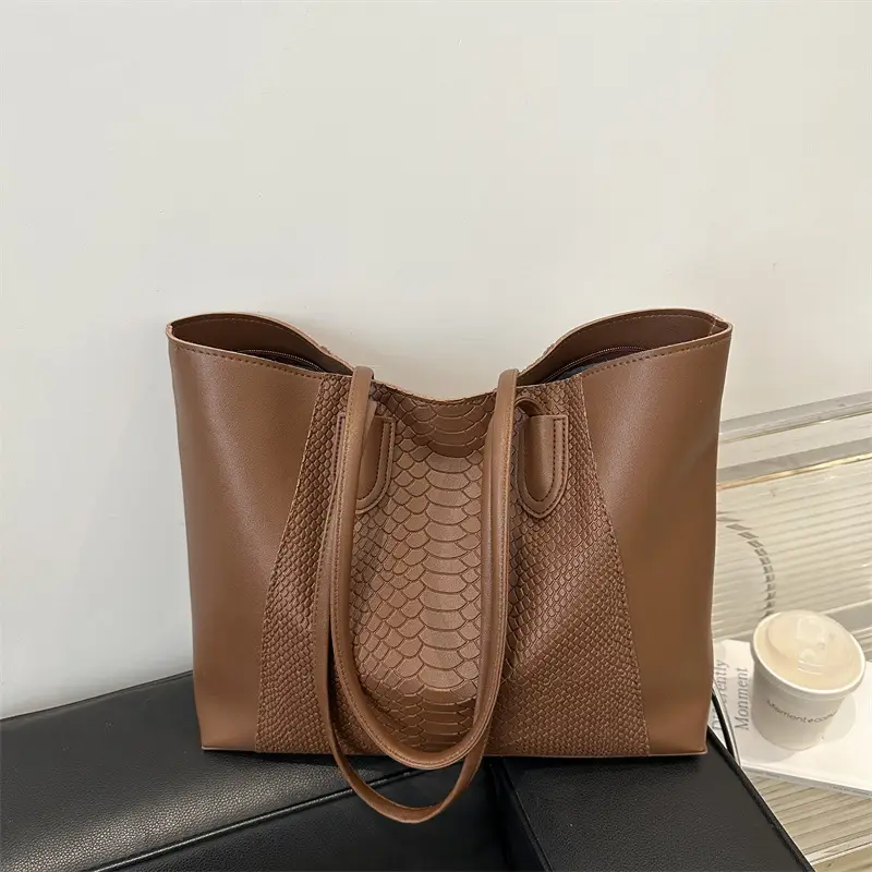 Brown Leather Tote Bag with Snake Pattern Large Capacity - Image 5