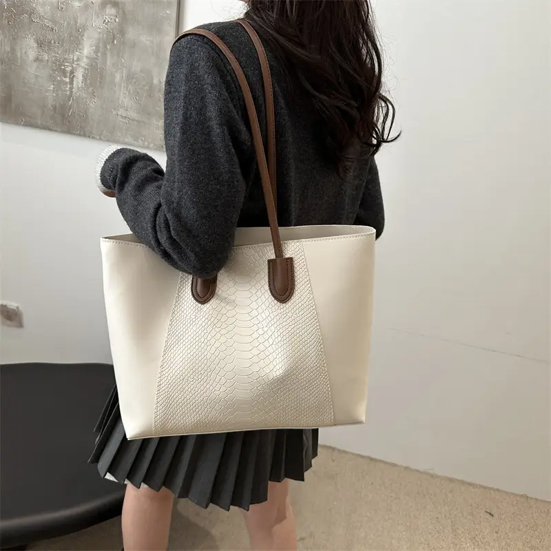Brown Leather Tote Bag with Snake Pattern Large Capacity - Image 7