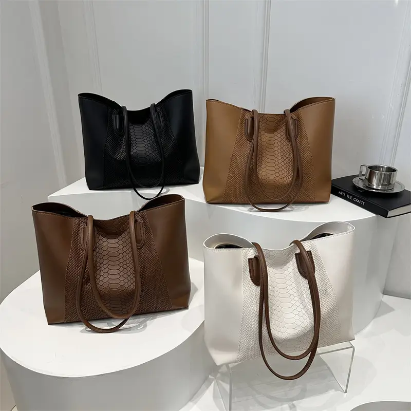 Brown Leather Tote Bag with Snake Pattern Large Capacity - Image 8