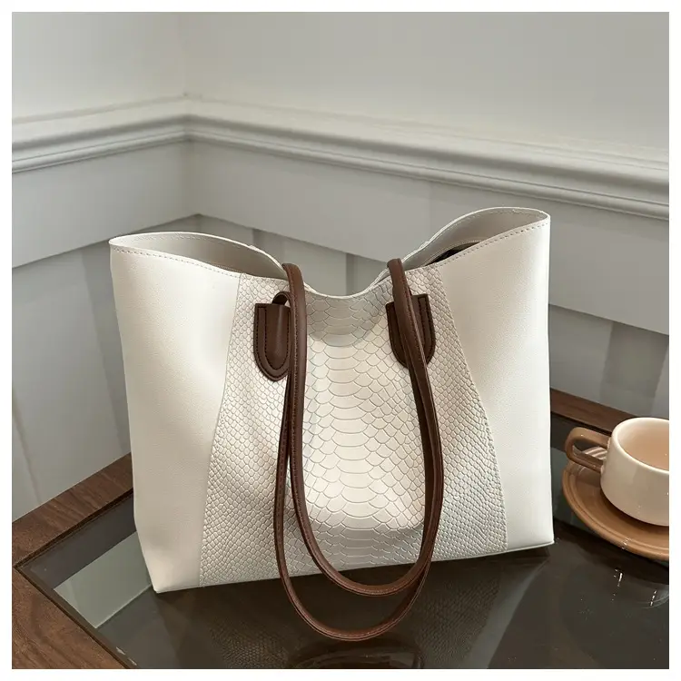 Brown Leather Tote Bag with Snake Pattern Large Capacity - Image 2