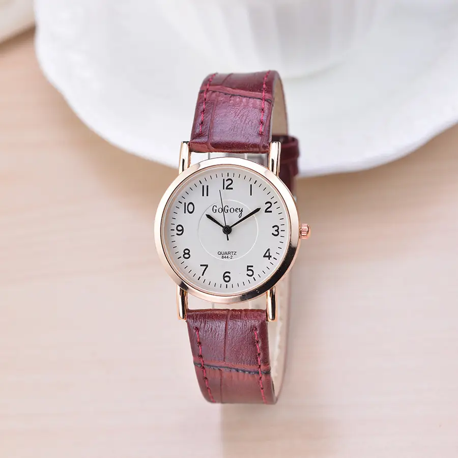 Women Quartz Watch with Digital Pointer Scale Brown Leather Band - Image 5