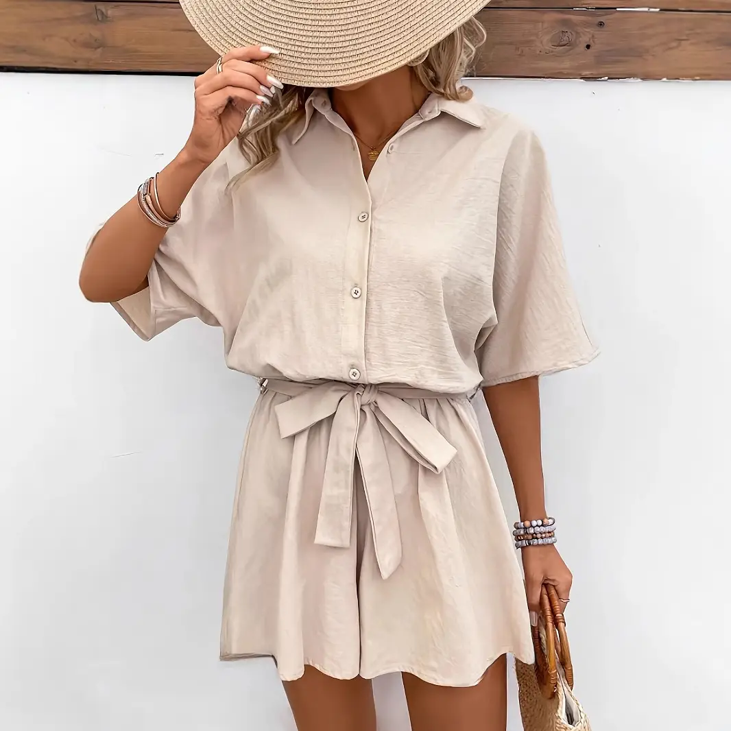 Women Belted Short Sleeve Jumpsuit Cream - Image 4