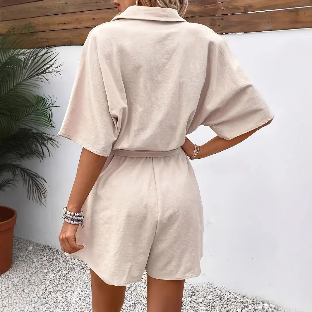 Women Belted Short Sleeve Jumpsuit Cream - Image 5