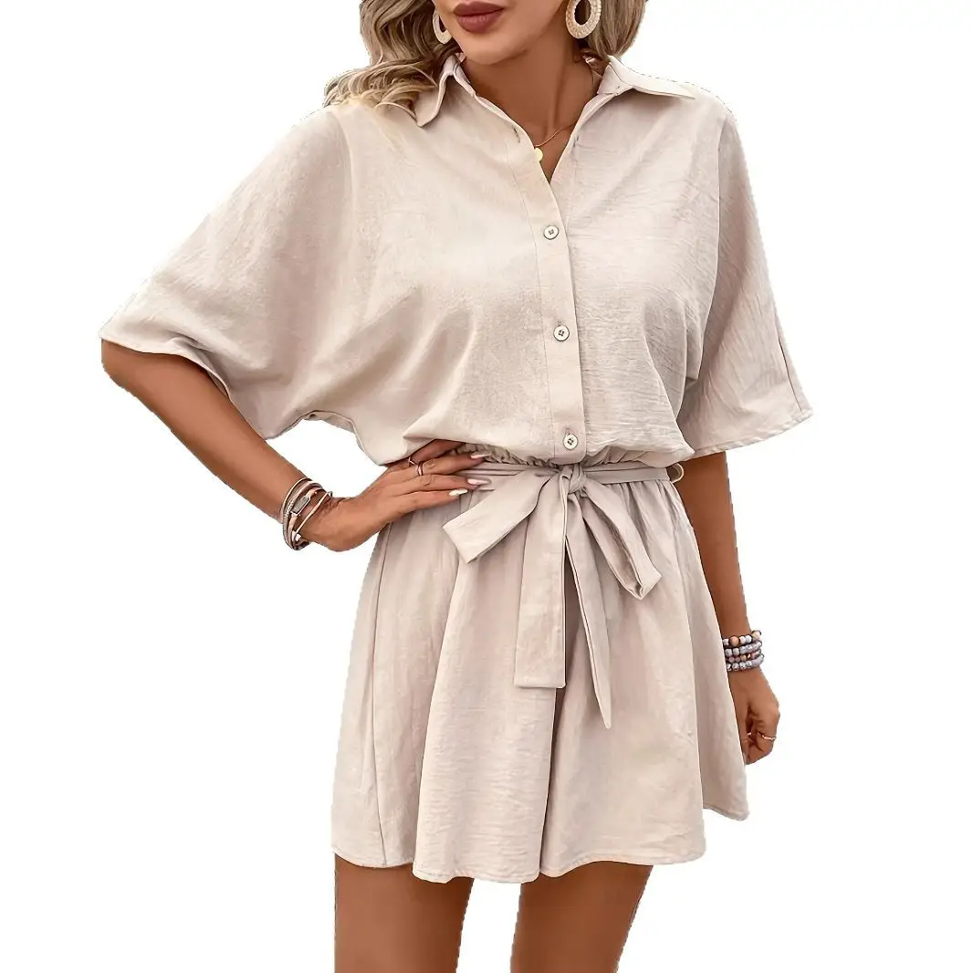 Women Belted Short Sleeve Jumpsuit Cream - Image 6