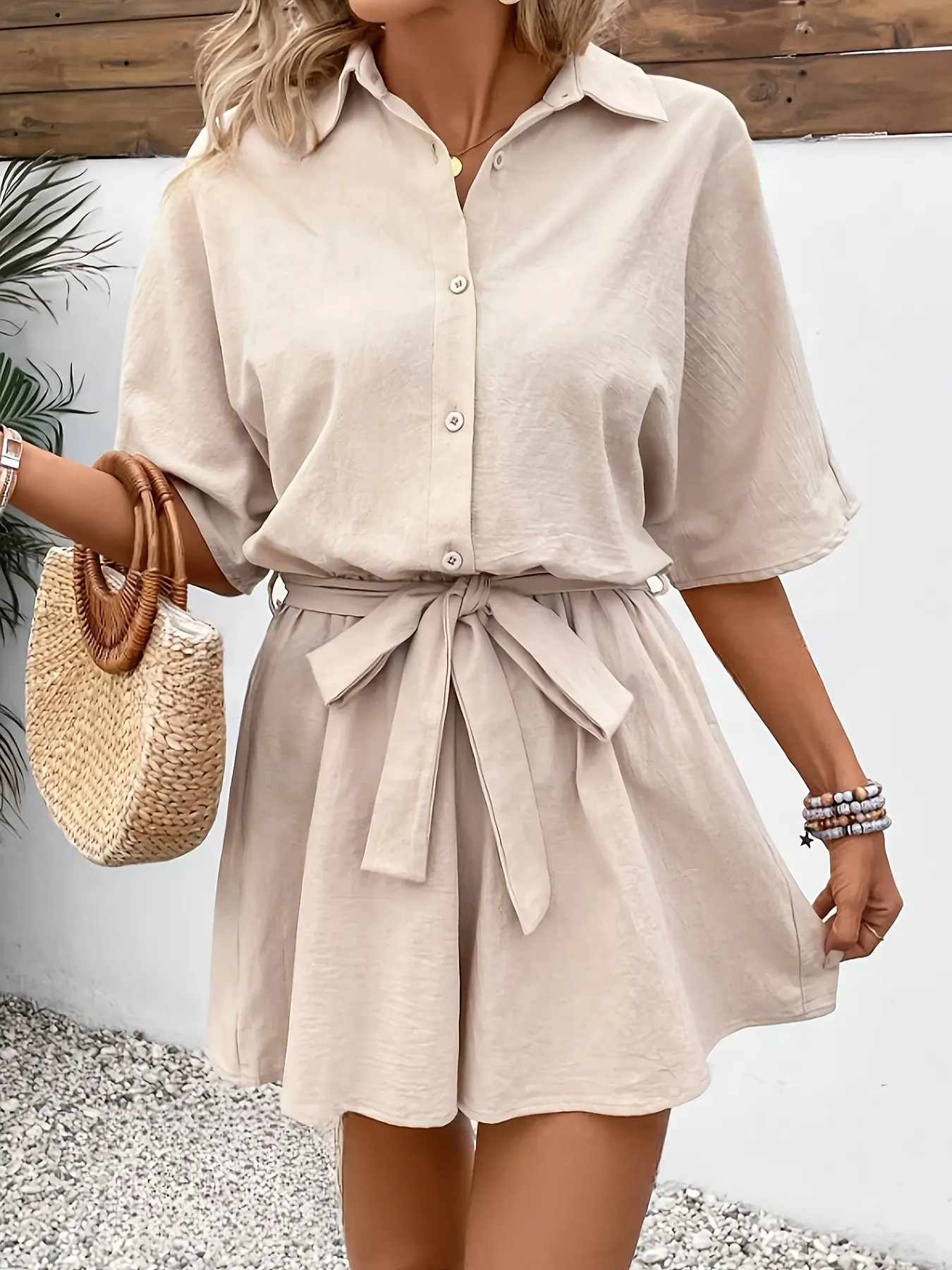 Women Belted Short Sleeve Jumpsuit Cream — feature 4