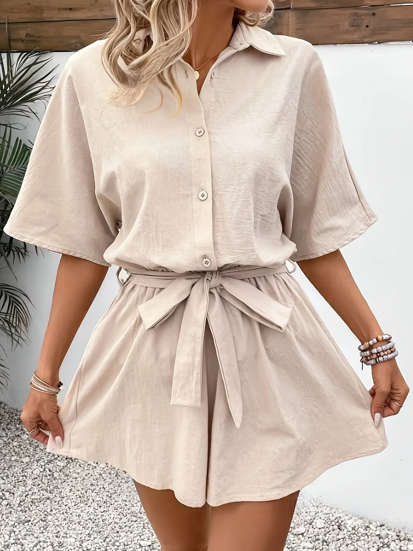 Women Belted Short Sleeve Jumpsuit Cream — feature 5