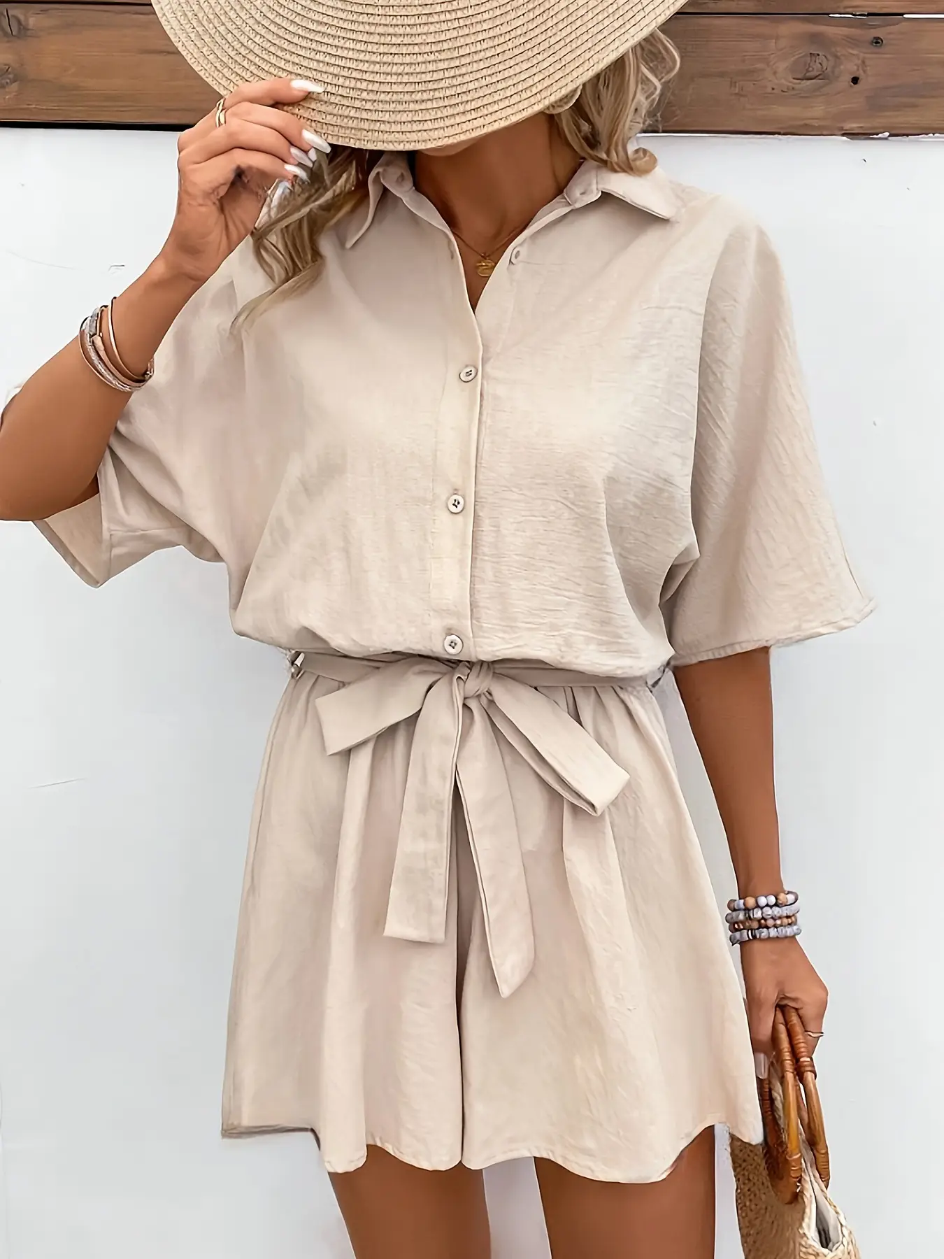 Women Belted Short Sleeve Jumpsuit Cream — feature 6