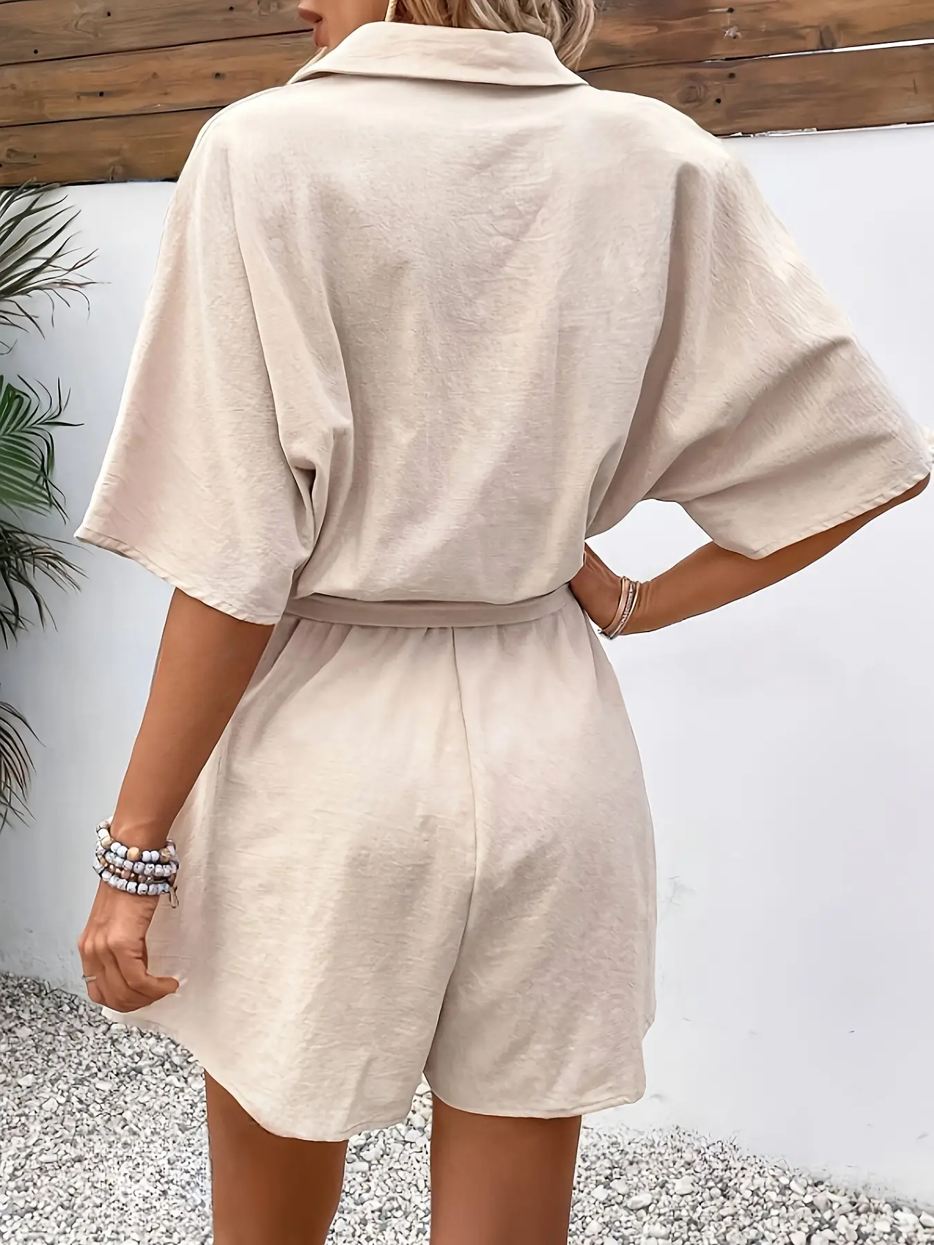 Women Belted Short Sleeve Jumpsuit Cream — feature 7
