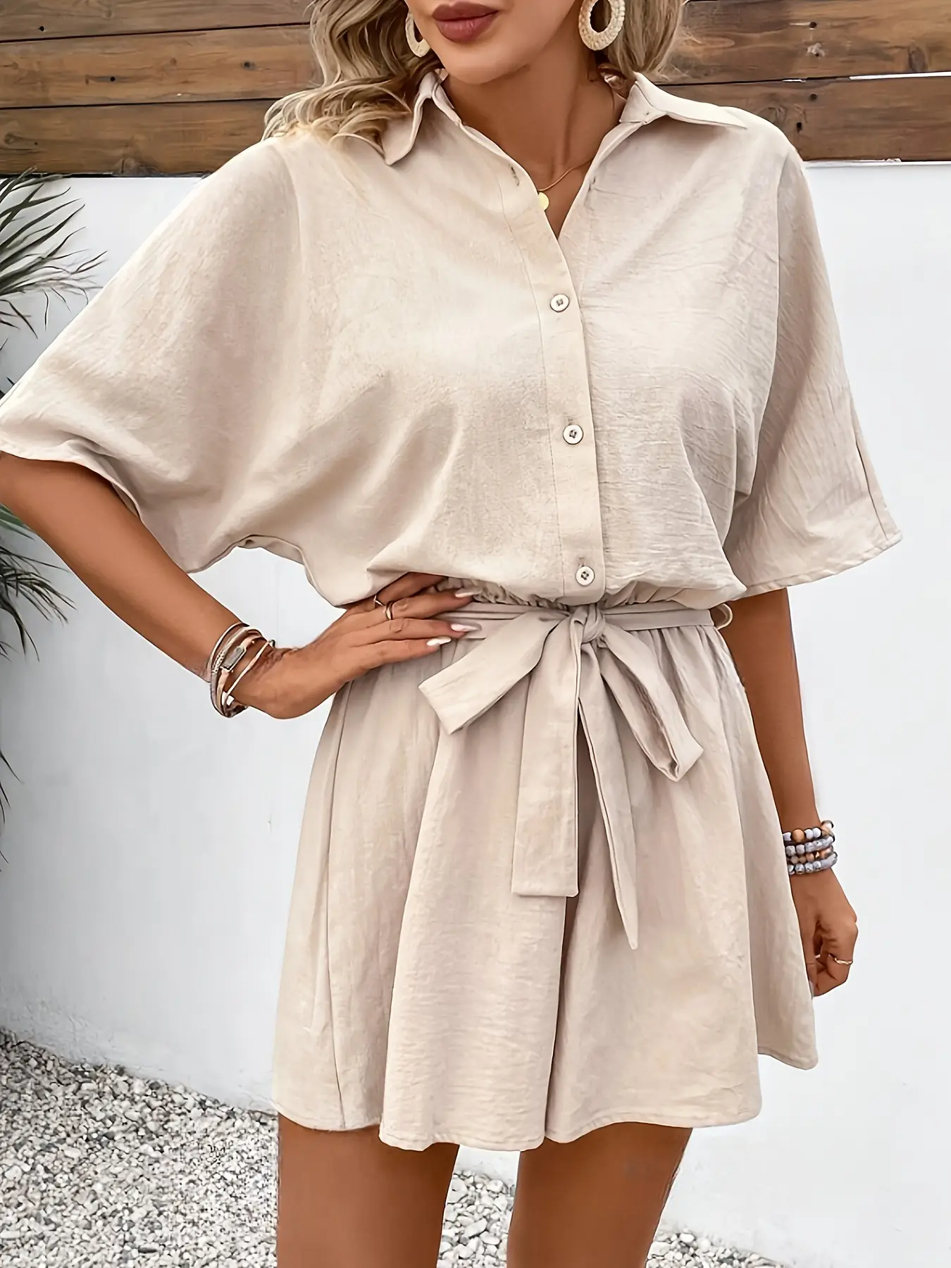 Women Belted Short Sleeve Jumpsuit Cream — feature 8