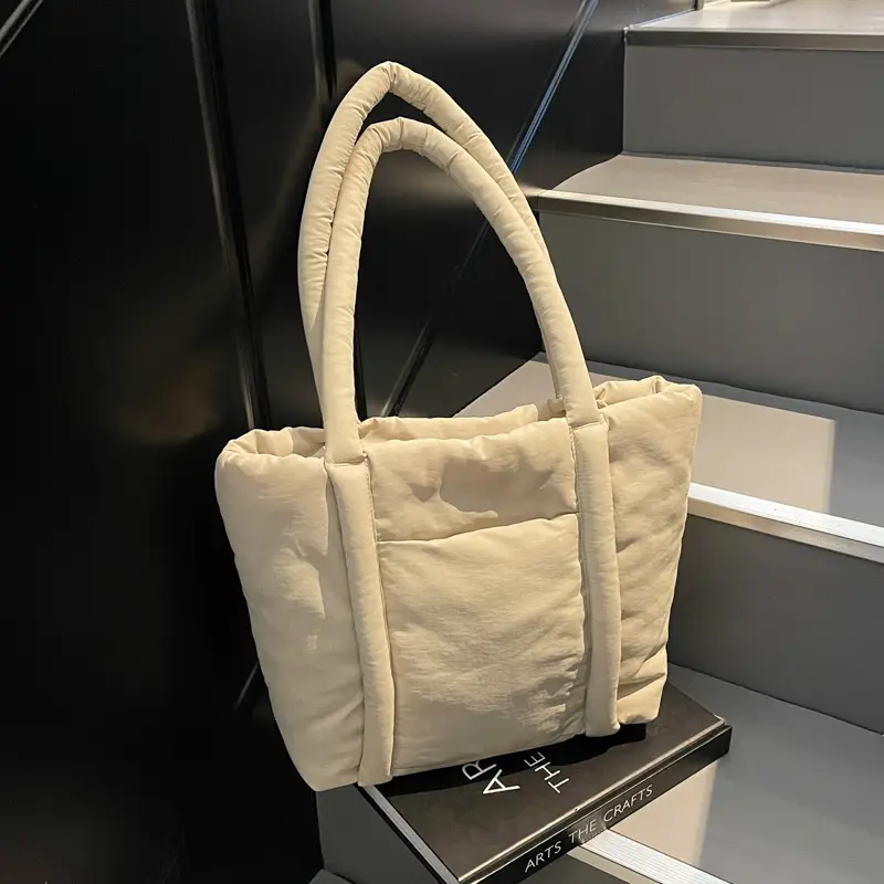 Women's Beige Cotton Padded Shoulder Bag Large Capacity - Image 8