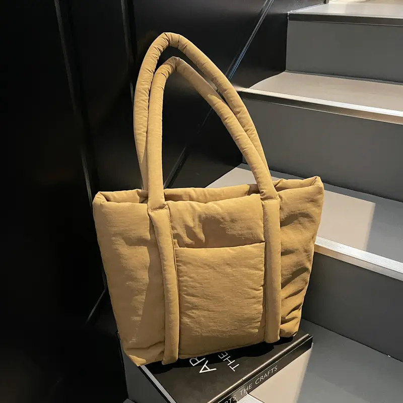 Women's Beige Cotton Padded Shoulder Bag Large Capacity - Image 9