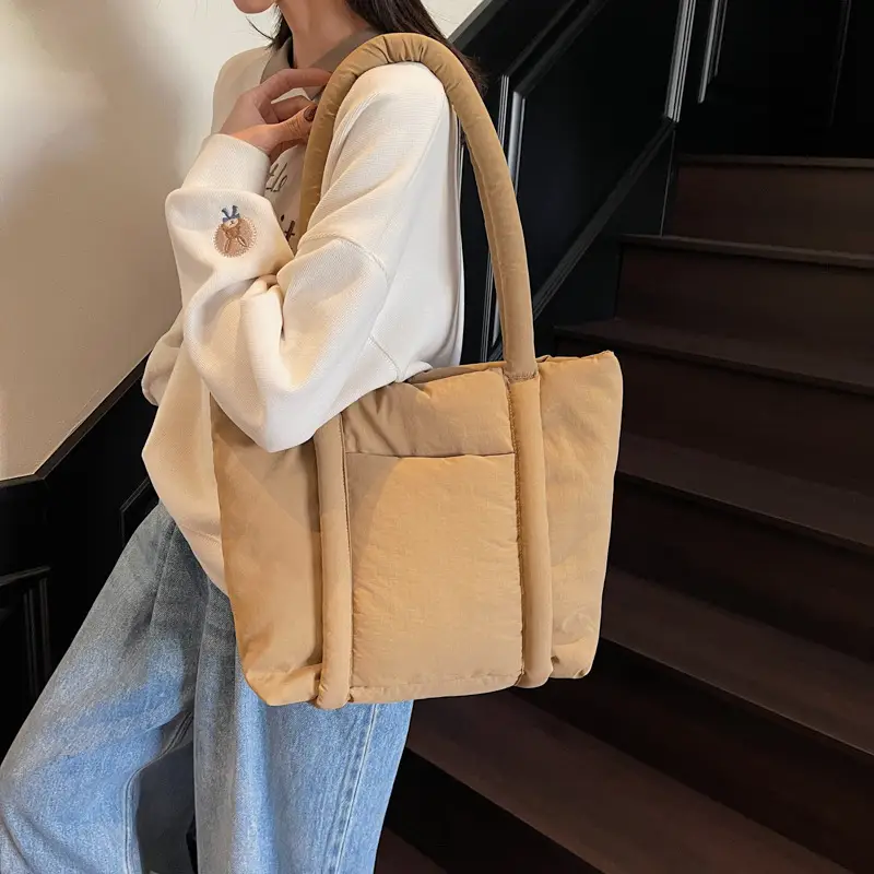 Women's Beige Cotton Padded Shoulder Bag Large Capacity - Image 10